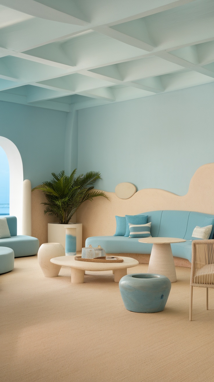 A coastal interior design featuring soft blue and sandy colors with modern furniture.