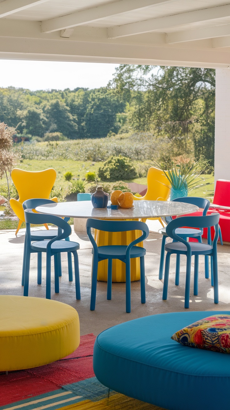 A colorful patio setup featuring bright blue, yellow, and red furniture, surrounded by greenery.