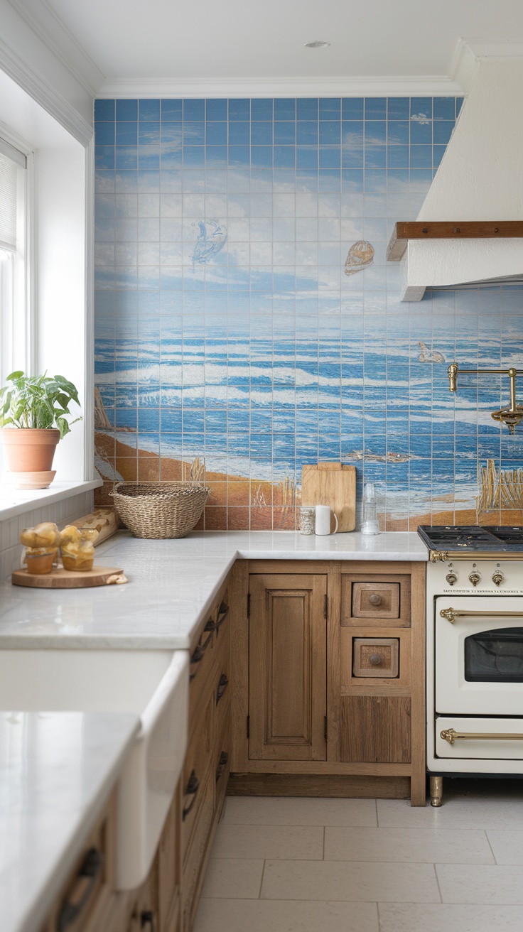 Coastal cottage kitchen with a colorful backsplash featuring a beach scene.