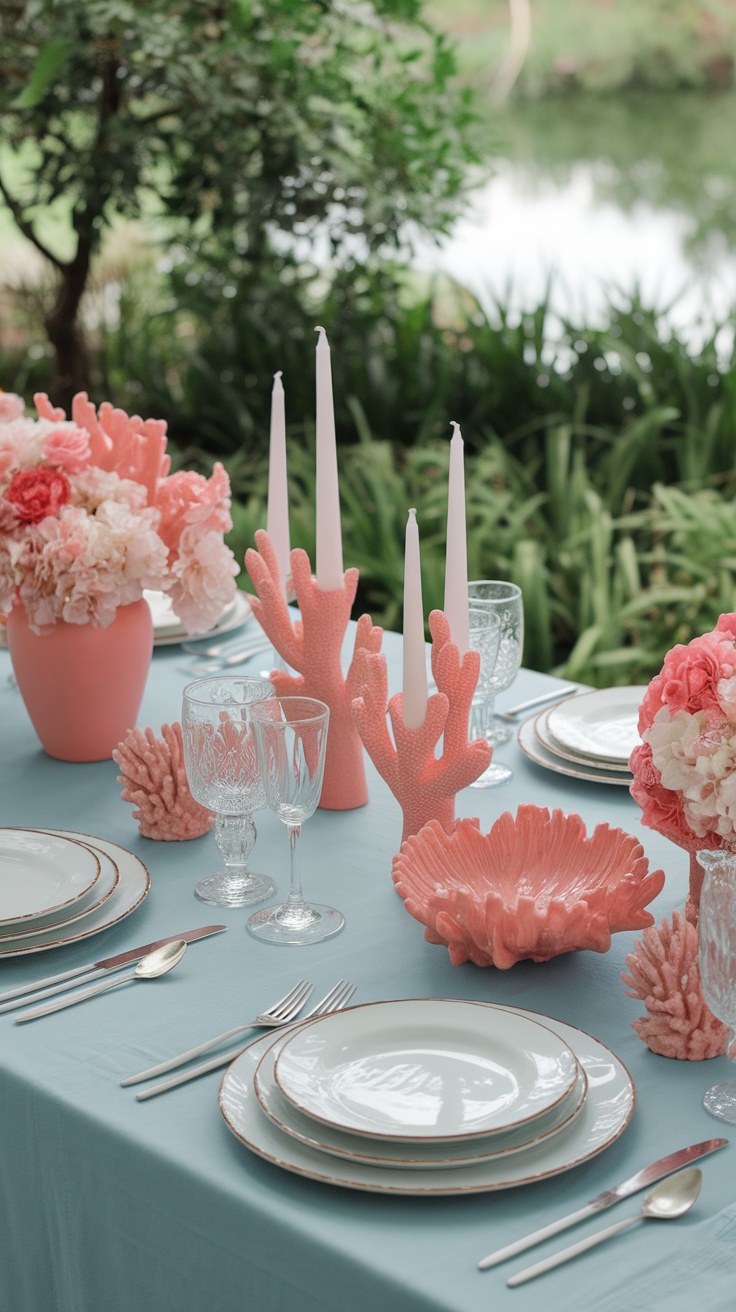 Coral-inspired bridal shower table decor with coral-shaped accents, pastel blue tablecloth, white candles, and floral arrangements.