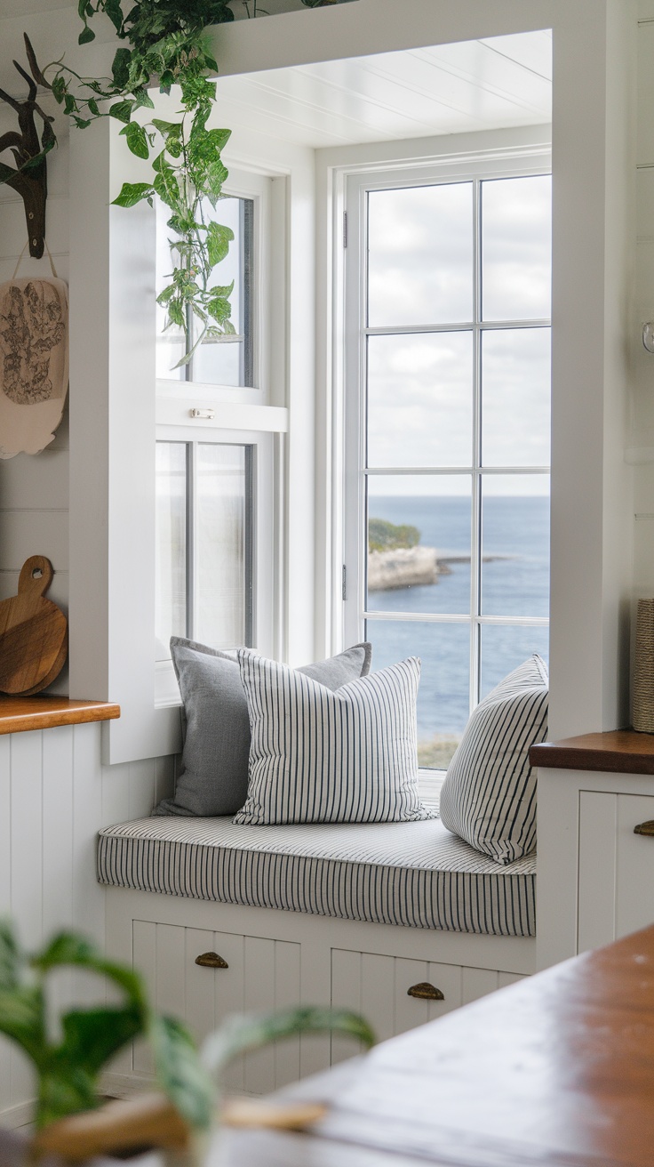 Cozy window seat in a coastal cottage kitchen with cushions and a view of the sea.