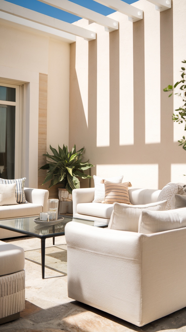 Cozy outdoor lounge area with neutral sofas and a glass coffee table, featuring plants and beach style decor.