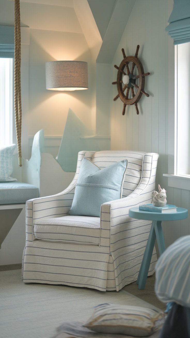 A cozy reading nook featuring a striped armchair, blue side table with a book, and a nautical theme.