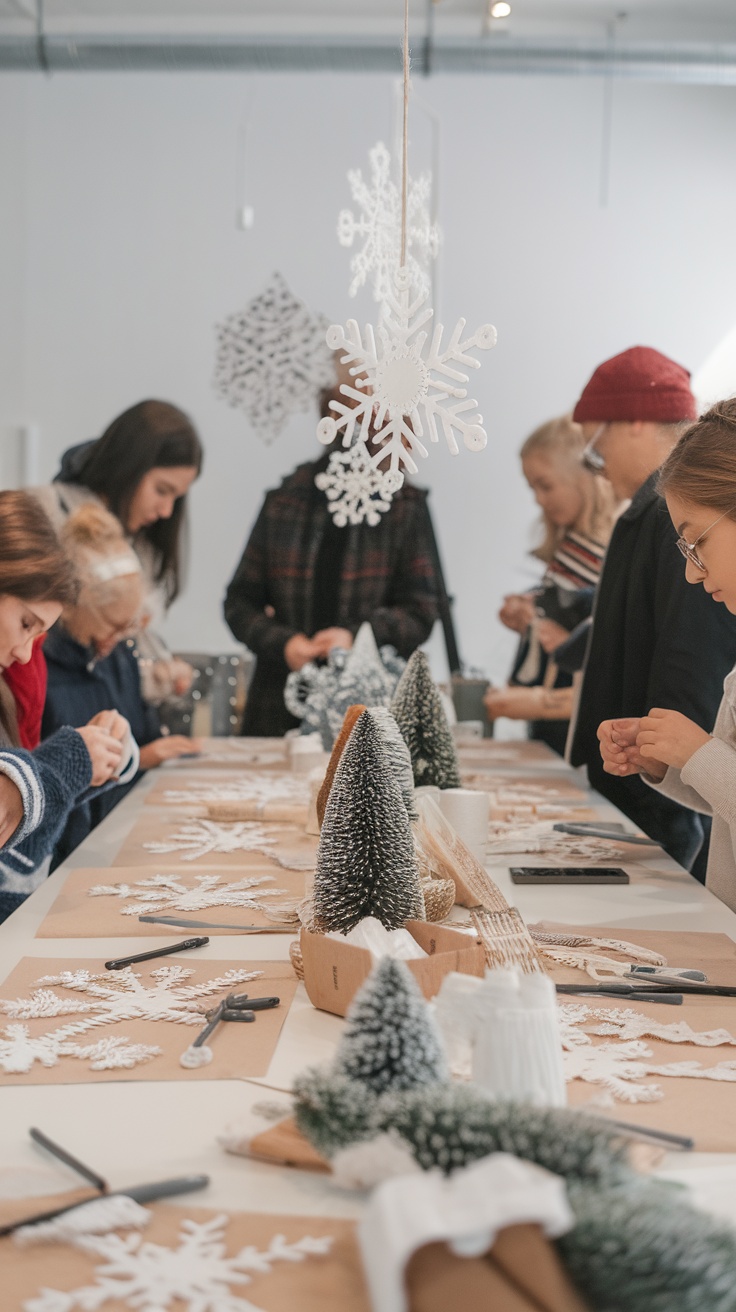 A group of people working on crafts at a winter party, making snowflakes and decorations.