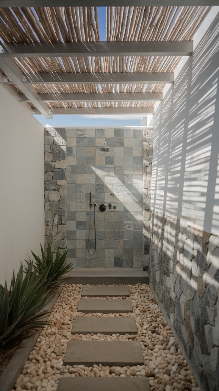 A beautifully designed outdoor shower space with stone tiles, plants, and a natural overhead structure.