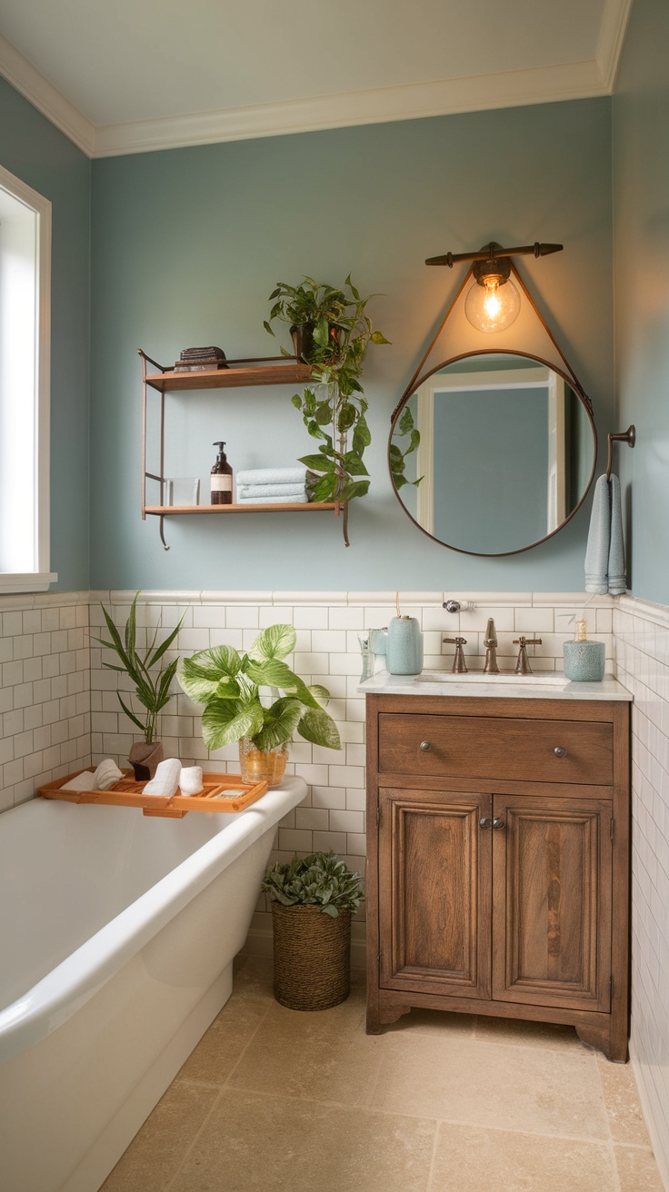 A cozy coastal bathroom featuring light blue walls, a wooden vanity, and plants.