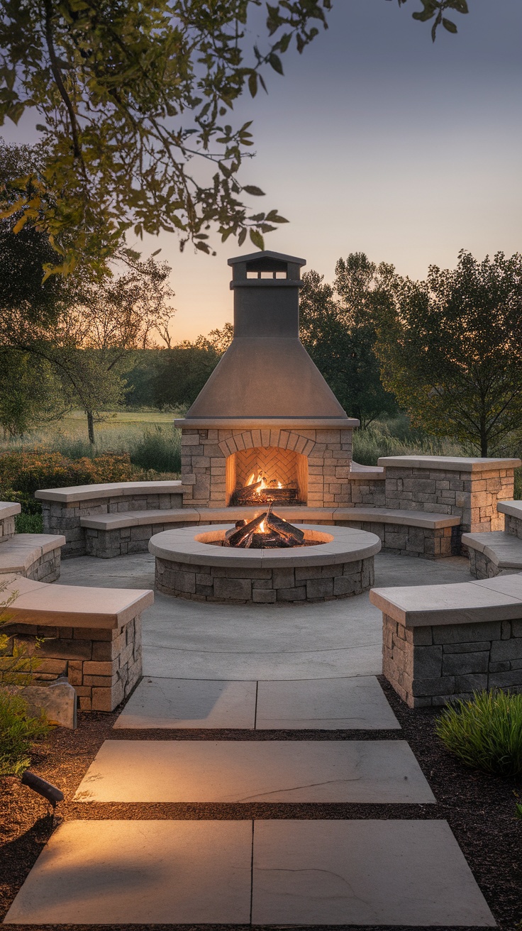 Outdoor fireplace with stone seating and a warm fire