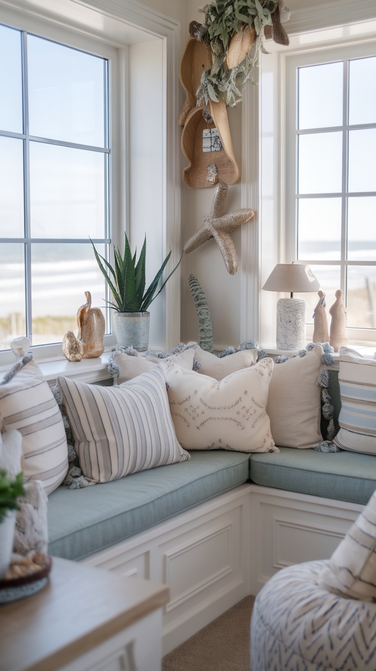 A cozy coastal nook with cushions and beach-themed decor by the window.