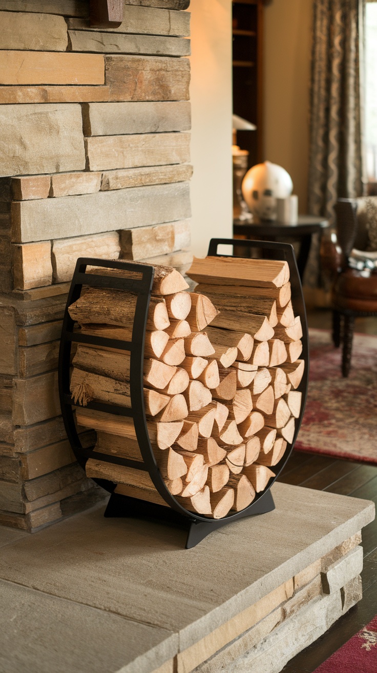 A modern circular firewood holder filled with neatly stacked logs next to a fireplace.