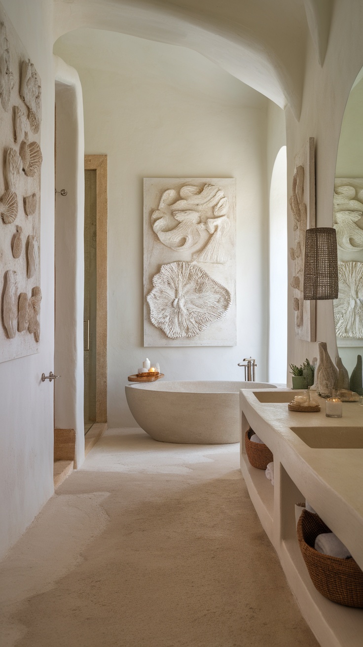 A serene spa bathroom featuring textured wall art, a smooth tub, and decorative touches.