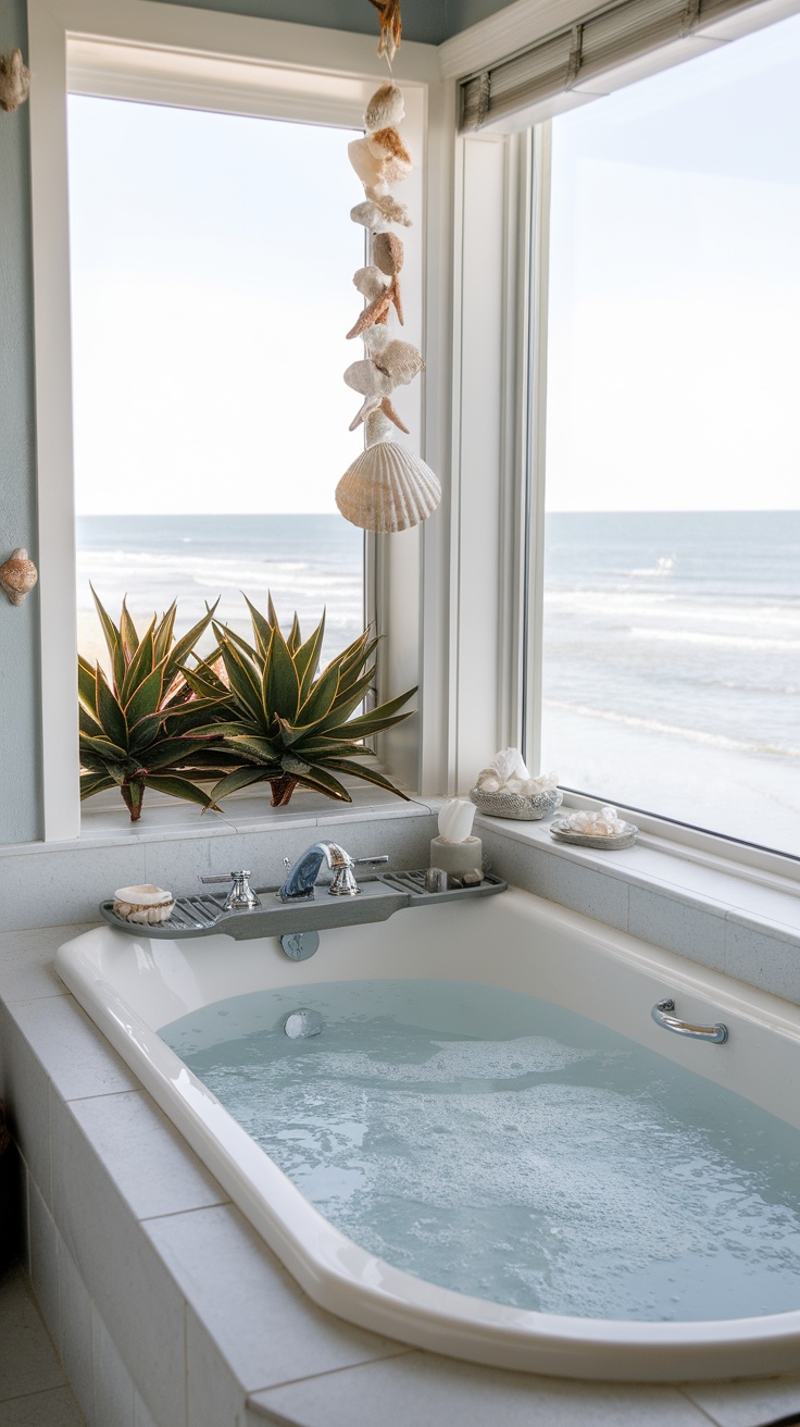 Cozy bathtub area with a view of the beach.