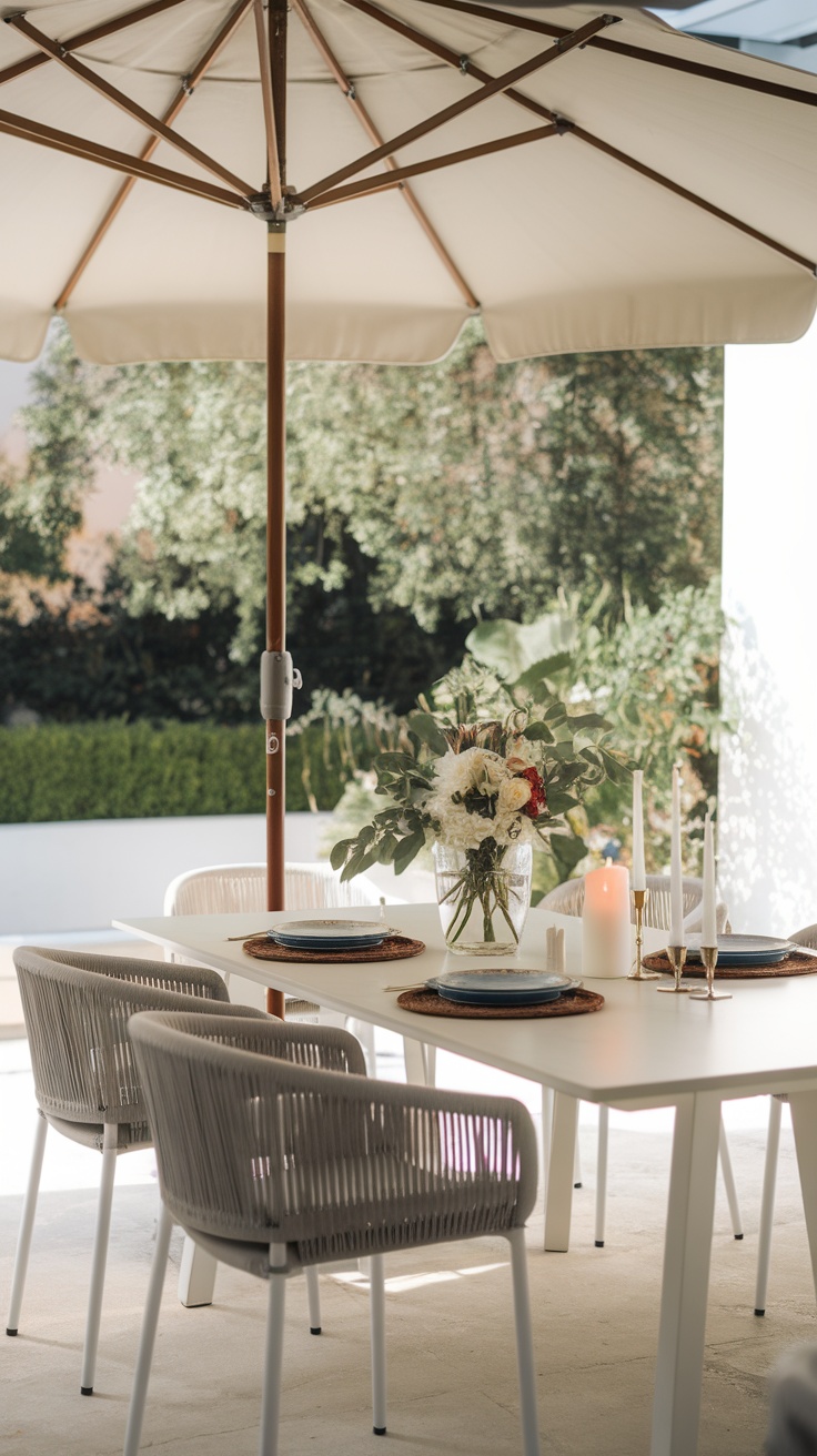 A modern outdoor dining setup featuring a white table and gray chairs with a floral centerpiece and large umbrella.