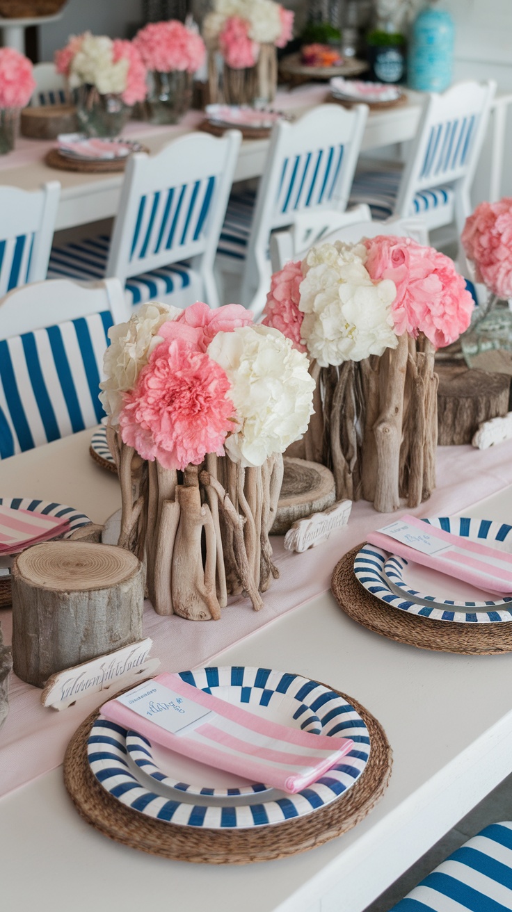 Table setting with driftwood accents, pink and white flowers, and striped plates