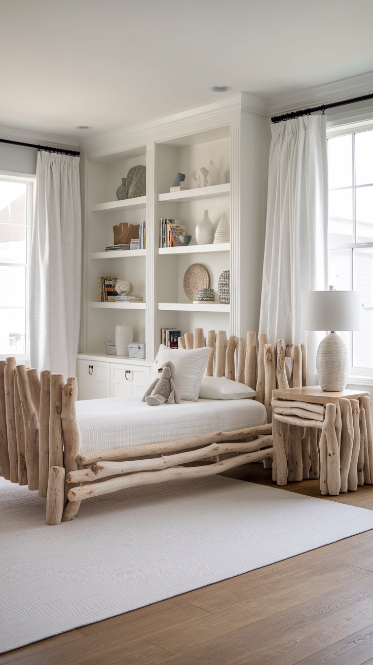 A cozy kids bedroom featuring driftwood furniture, including a bed and bedside table, with a light and airy feel.