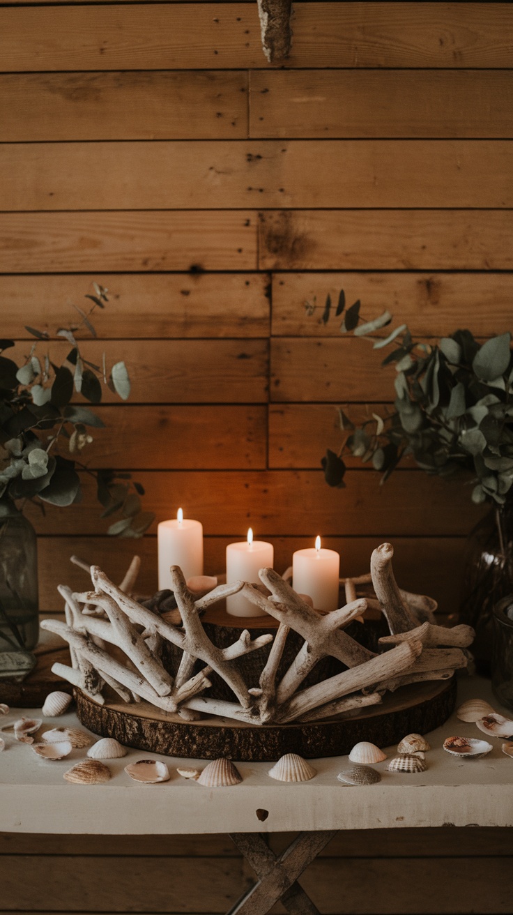 A rustic table decoration featuring a driftwood centerpiece with candles and seashells on a wooden table.