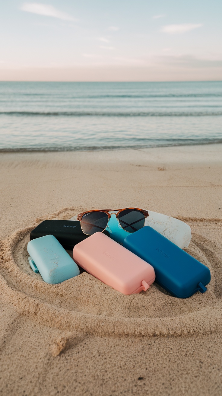 Various colorful sunglasses cases on the beach with sunglasses on top.