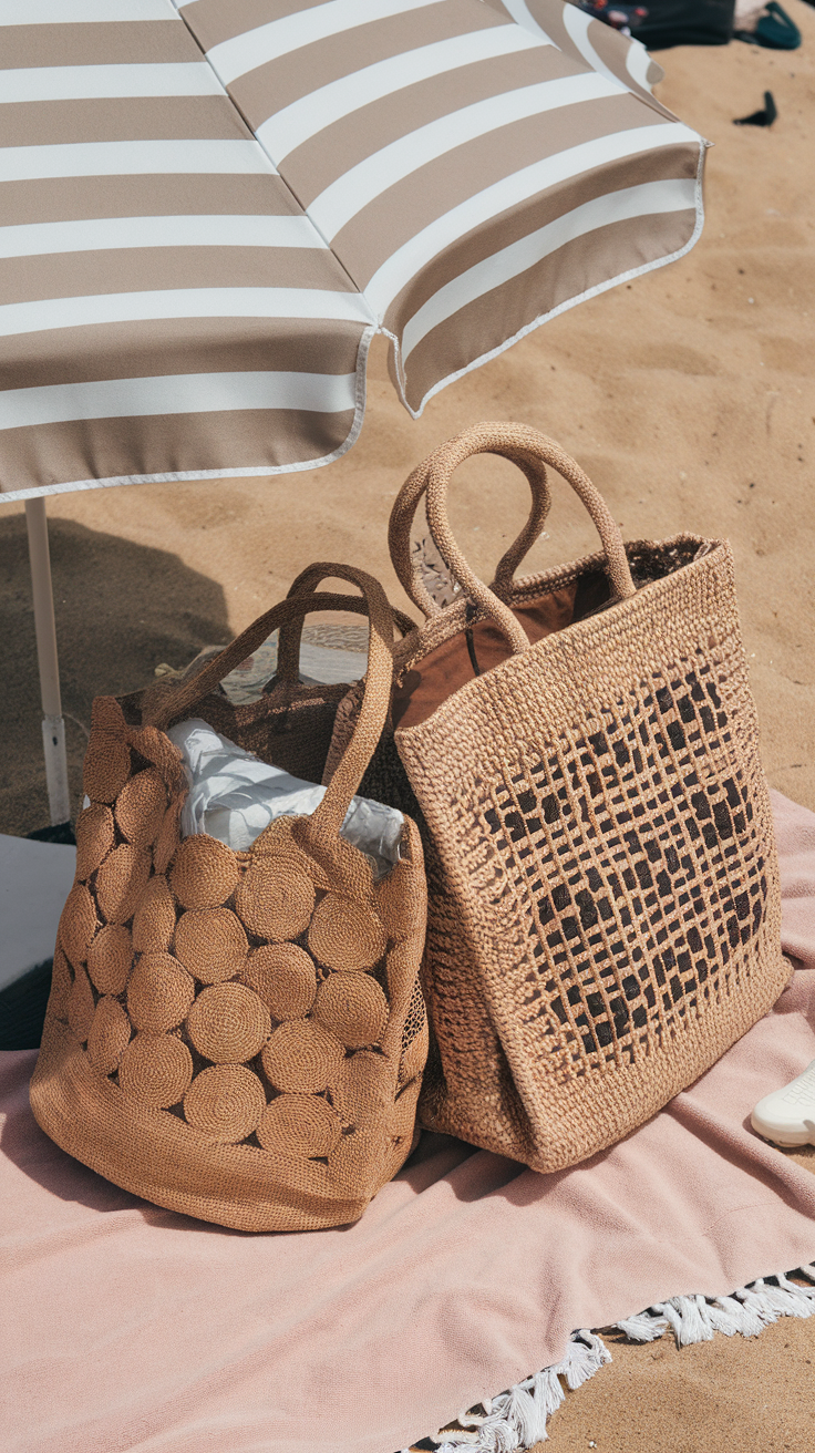 A selection of eco-friendly beach bags placed on a sandy surface with beach items.