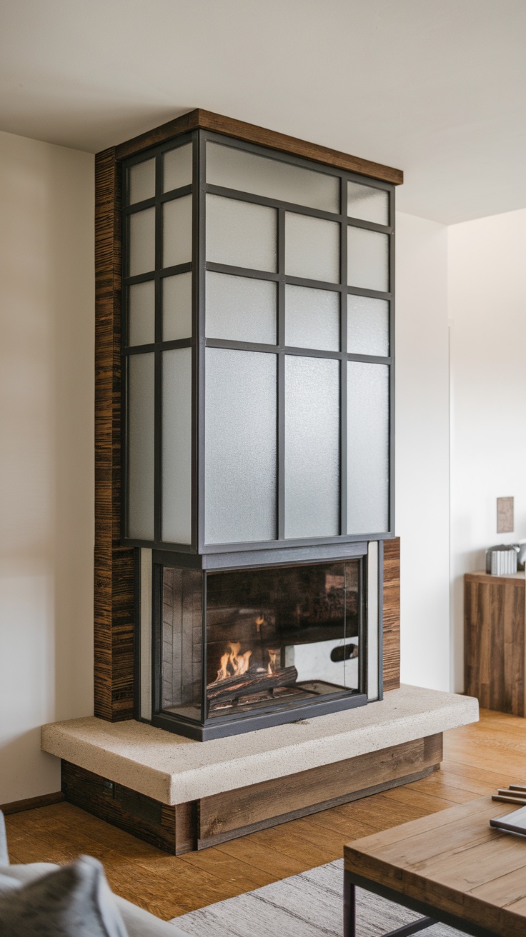 A modern eco-friendly fireplace with a sleek glass front and wooden accents.