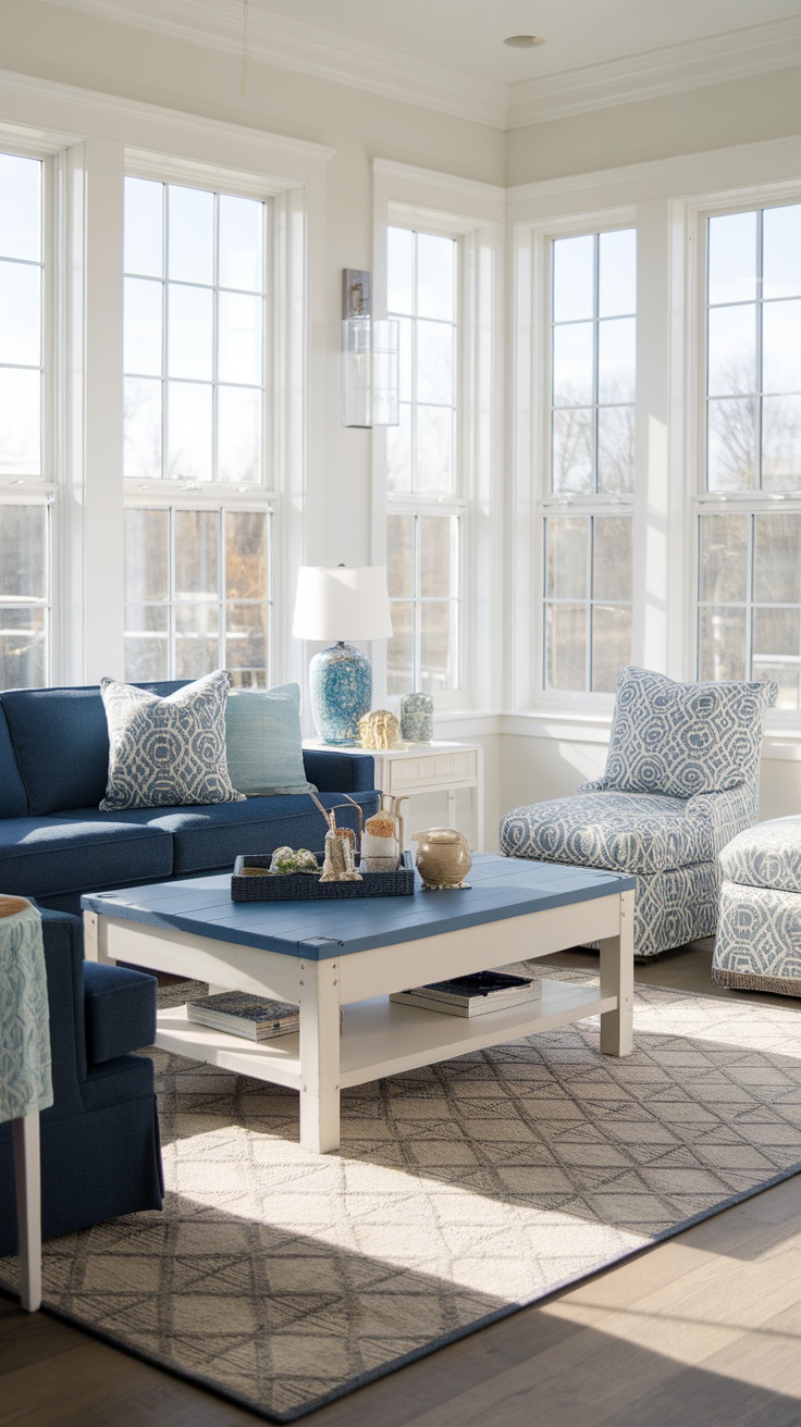 Bright living area with large windows and coastal decor.