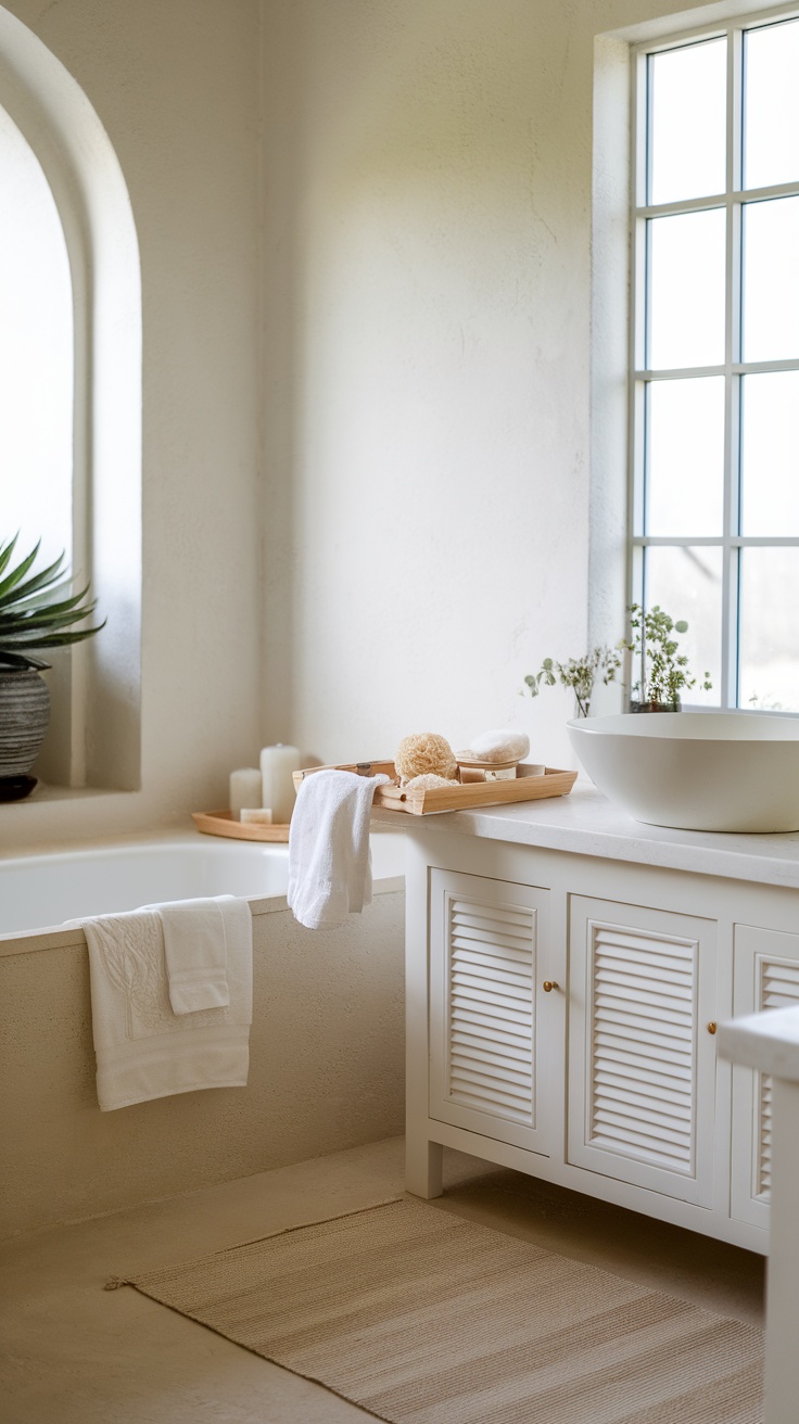 A serene spa-like bathroom with soft towels, a loofah, and candles.