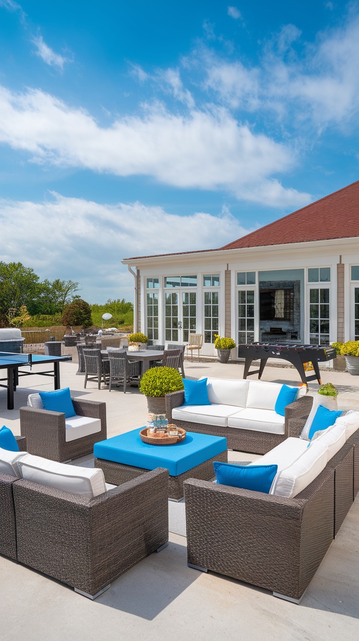 A patio with beach-style furniture, featuring a cozy seating area with blue cushions and a central coffee table.