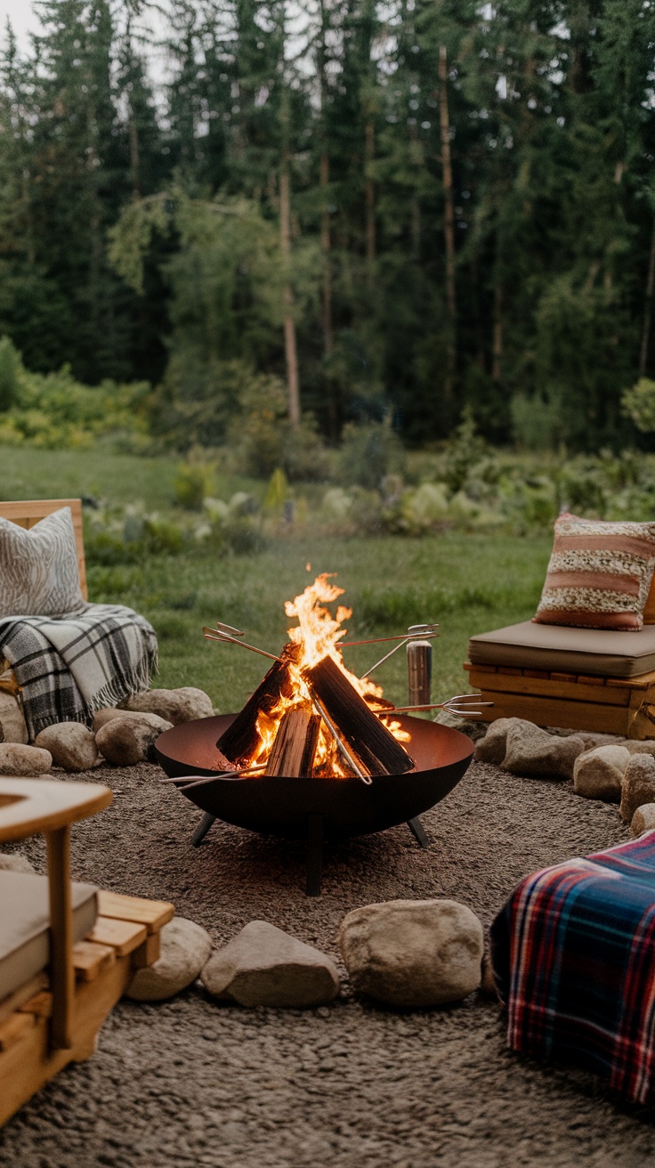 A cozy outdoor fire pit surrounded by seating and greenery