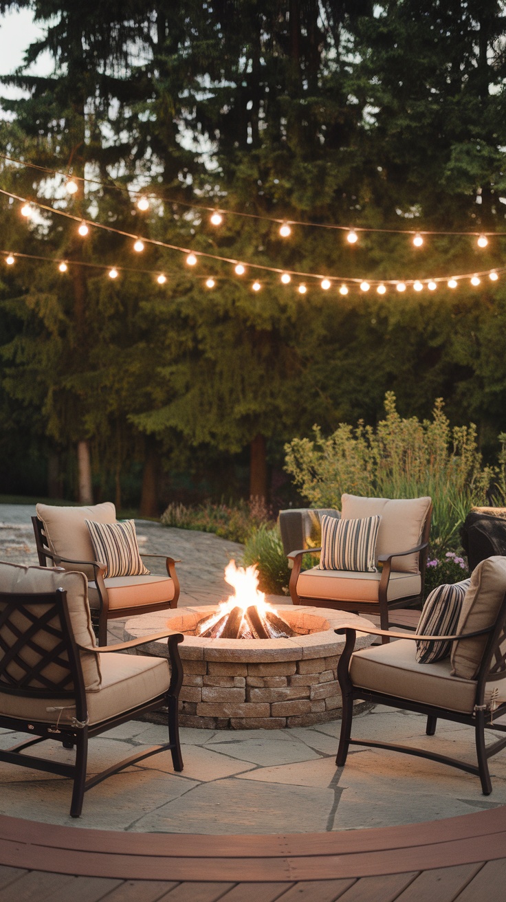 Cozy outdoor fire pit with comfortable chairs and string lights in a natural setting