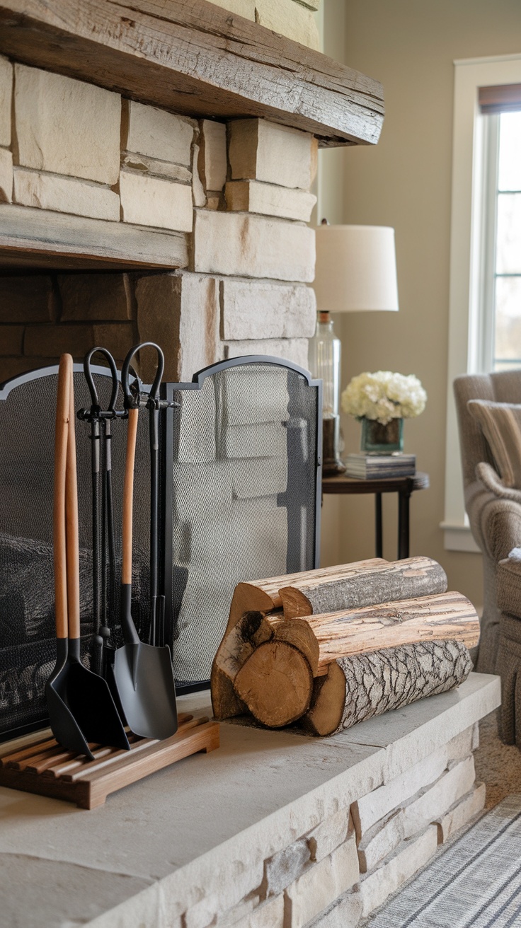 A cozy fireplace setup with stylish accessories, including a tool set and a stack of firewood.