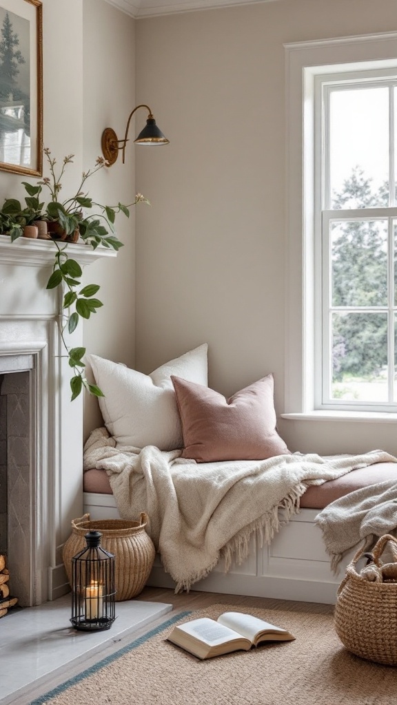 Cozy fireplace nook with cushions, a throw blanket, and a book on a wooden table