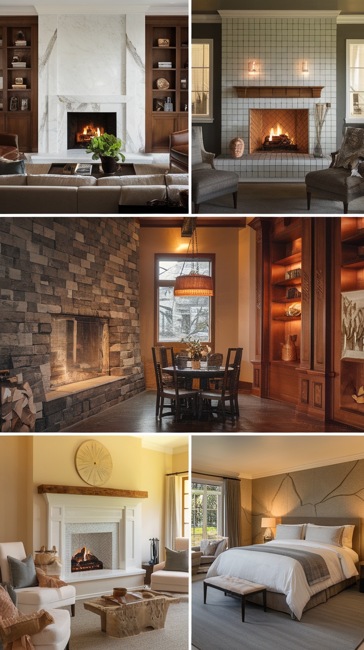 Various fireplace designs featuring different materials like marble, tile, stone, and wood.