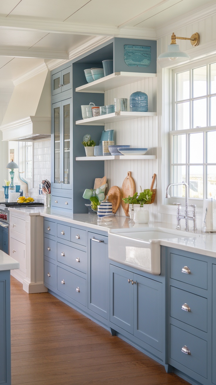 A beautifully designed coastal kitchen featuring blue cabinets, open shelves with dishware, and a large farmhouse sink.