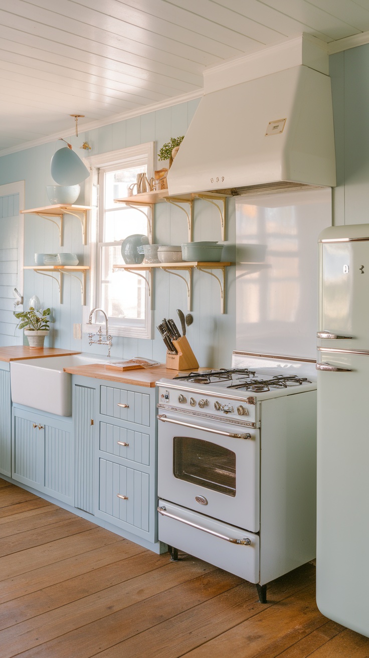 A cozy coastal cottage kitchen featuring light blue walls, wooden countertops, and vintage appliances.