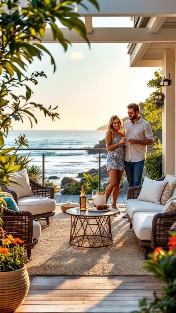 Outdoor dining area with chairs and an umbrella overlooking the ocean.