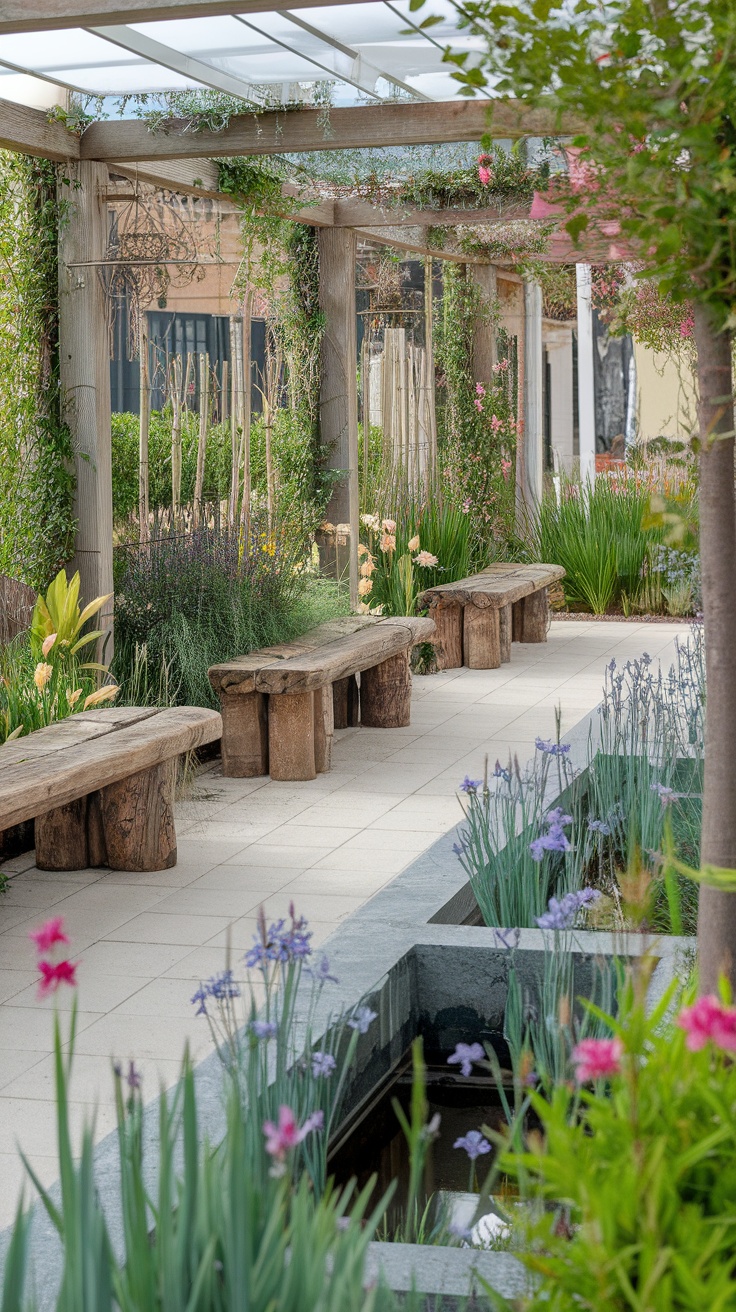 A serene outdoor space featuring wooden benches surrounded by flowers and greenery.