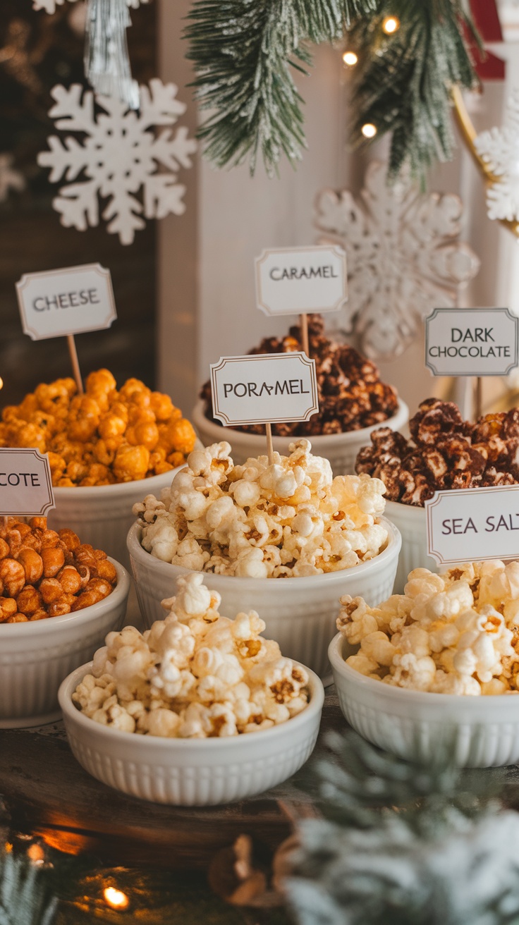 A variety of gourmet popcorn flavors displayed in bowls, including cheese, caramel, dark chocolate, and sea salt.