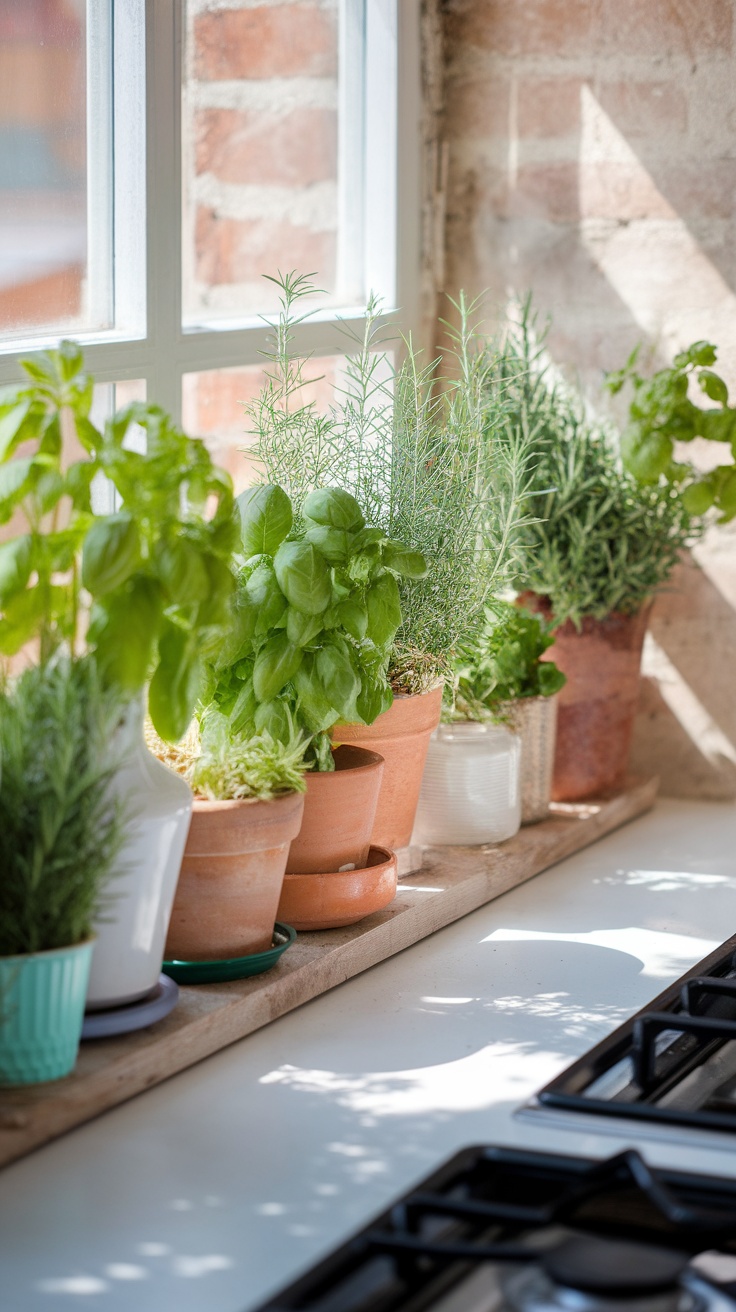 A sunny windowsill with various potted herbs including basil, rosemary, and mint.