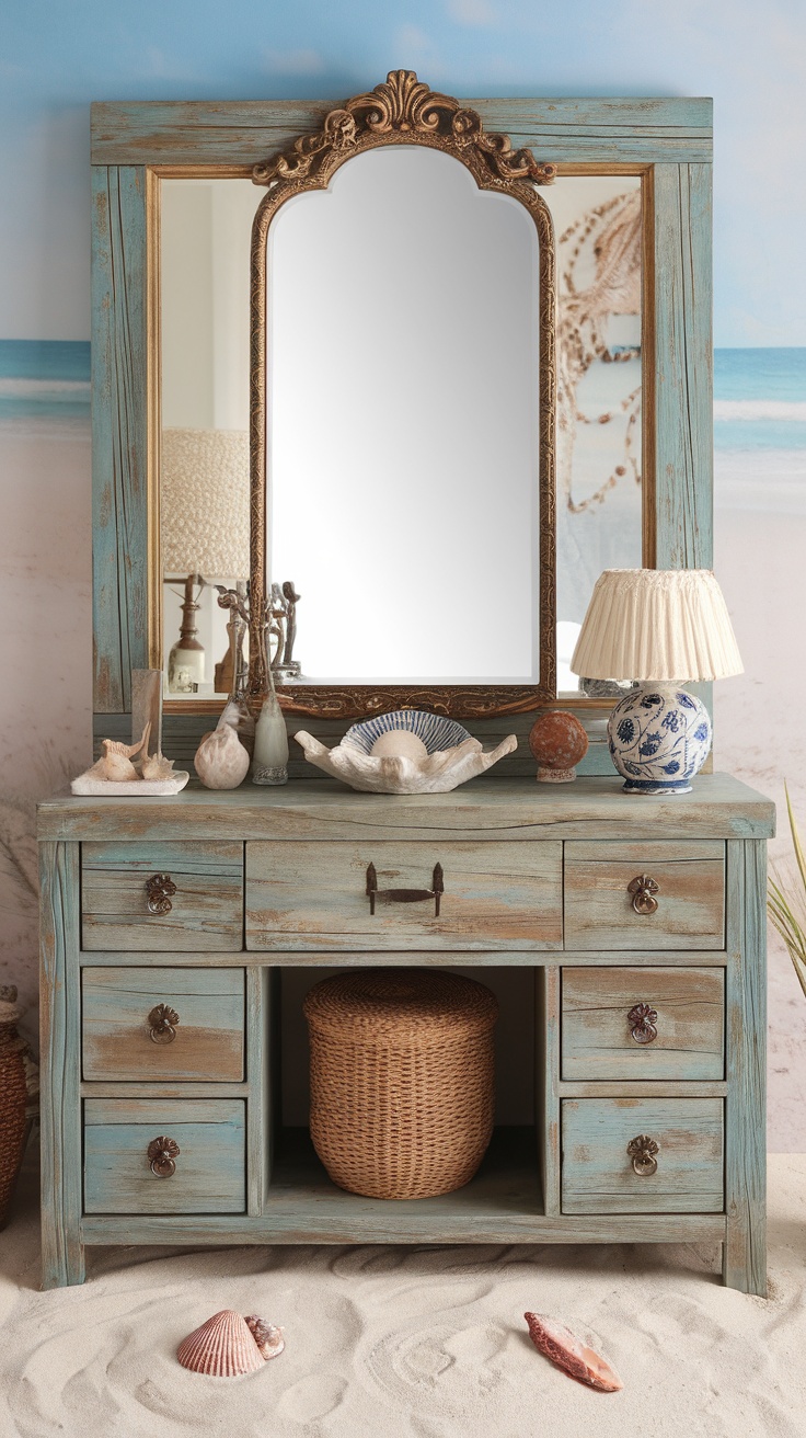 A coastal bathroom vanity with a beachy aesthetic, featuring a light blue wooden design and seashell decor.