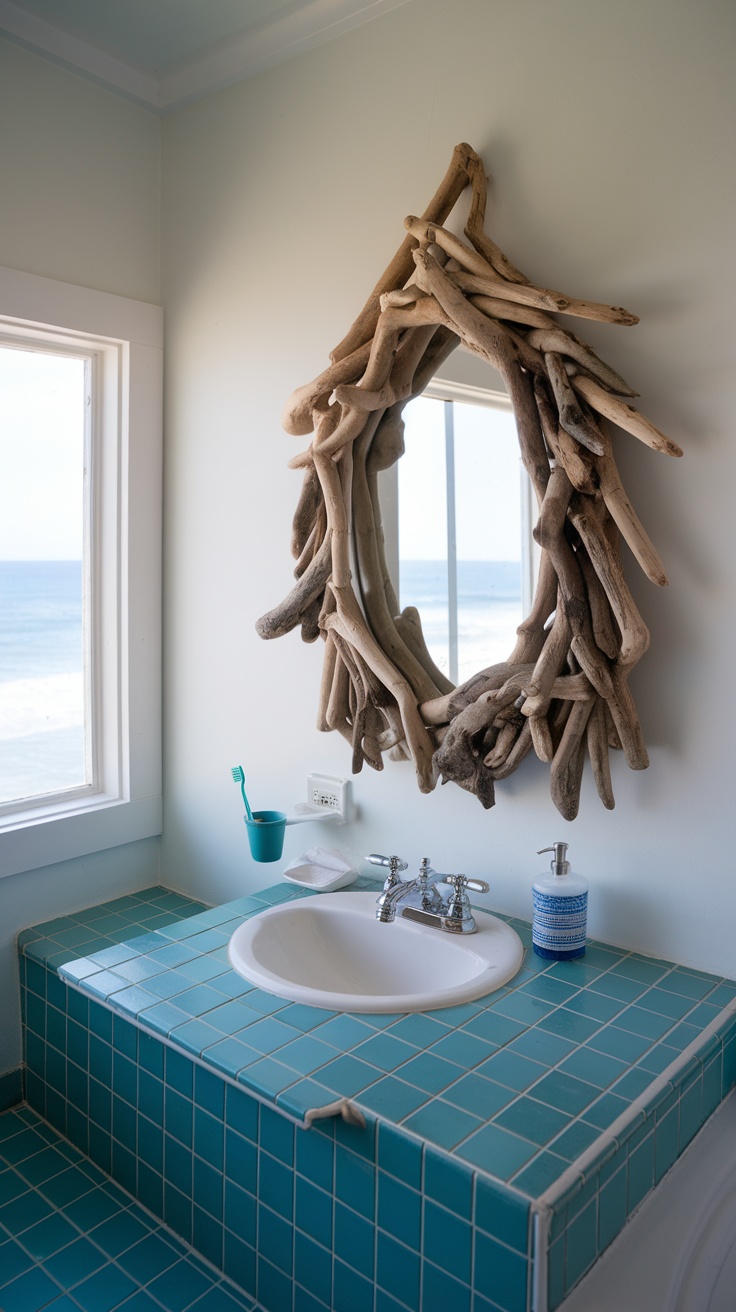 Coastal bathroom with a driftwood mirror and teal tiled sink.