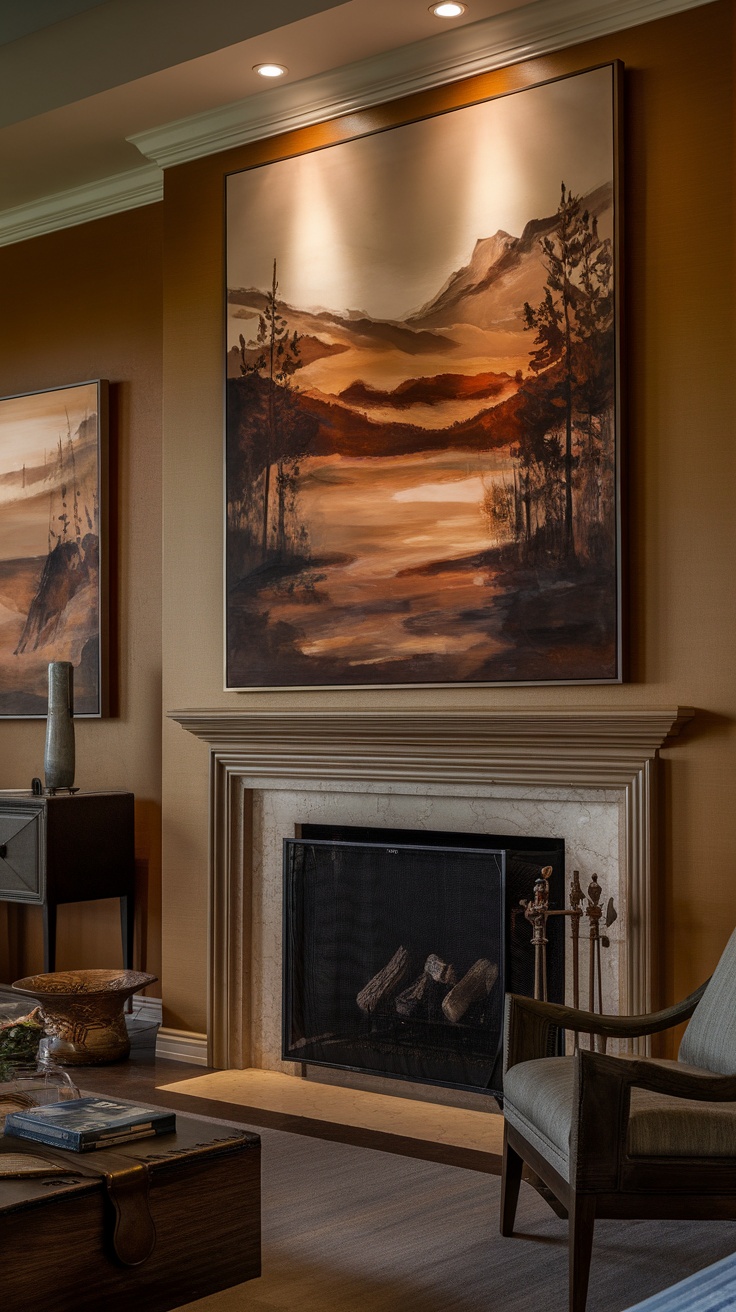 A cozy living room with a fireplace and artwork above it, featuring warm tones and a serene landscape.