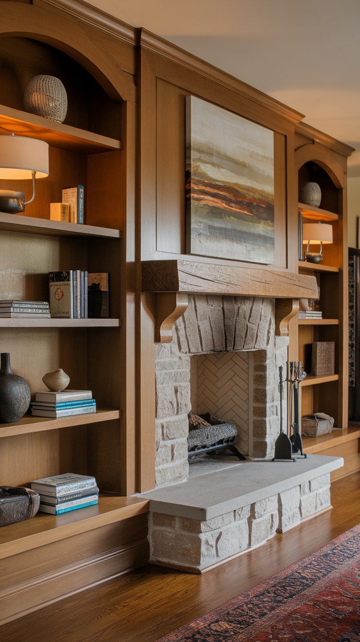 Cozy living room with built-in shelving surrounding a stone fireplace.