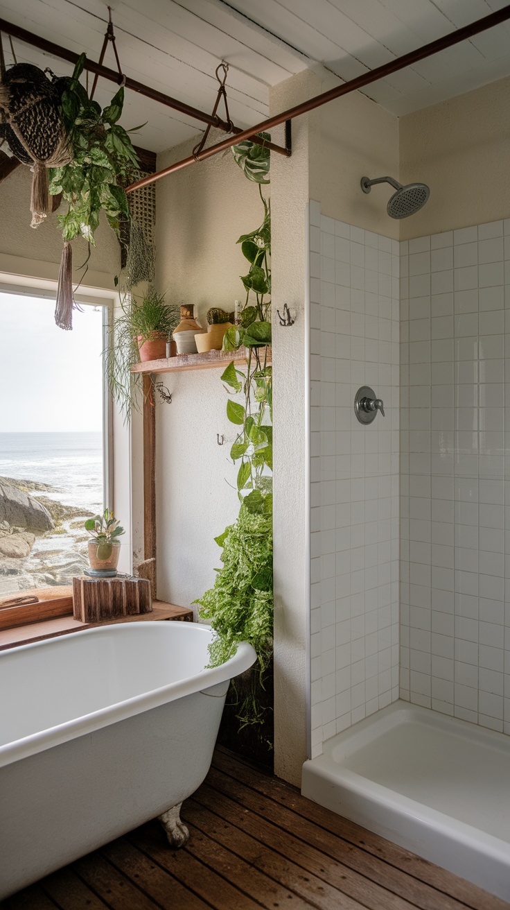 Coastal bathroom with indoor plants and a bathtub by the window overlooking the sea.