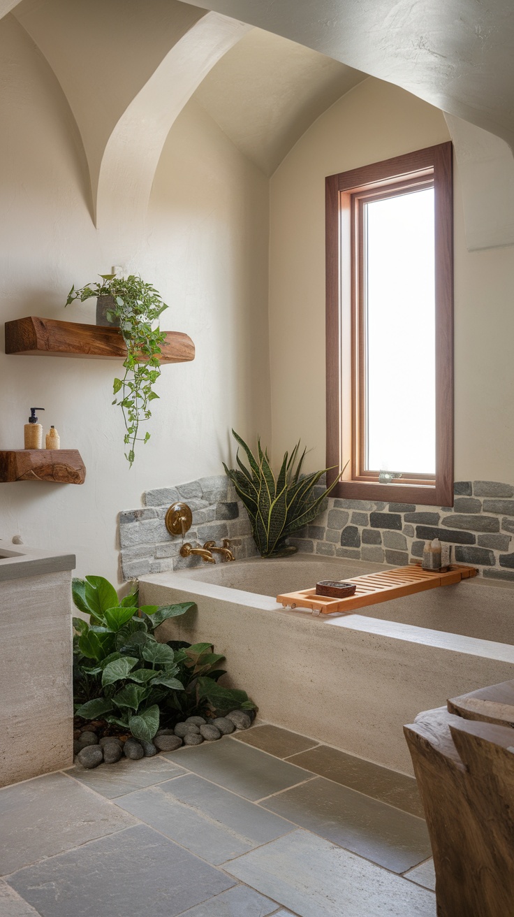 A serene spa-like bathroom featuring natural elements such as plants, stone, and wooden shelves.