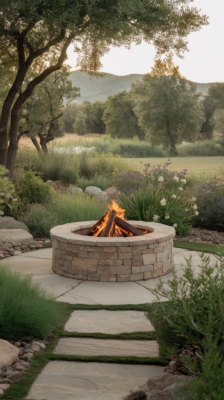 A beautiful outdoor stone fire pit surrounded by lush greenery and a scenic backdrop.