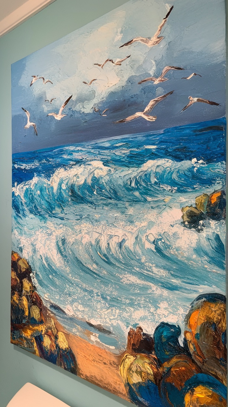 Ocean-inspired painting in a coastal bathroom setting.