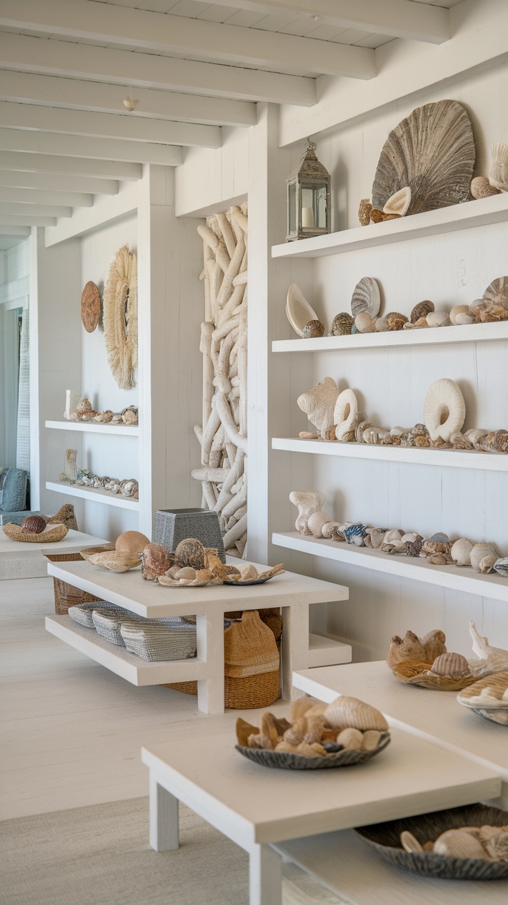 A beautifully arranged coastal interior showcasing shells and driftwood.