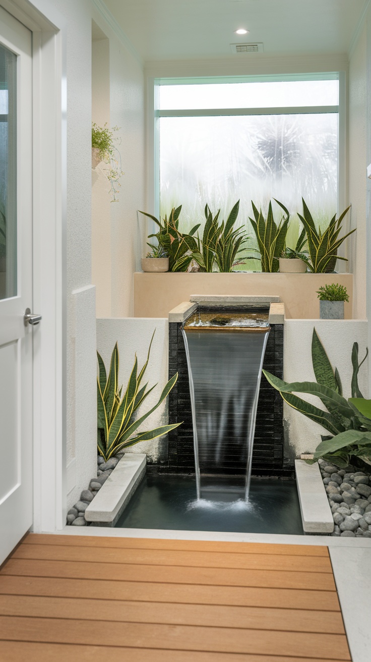 A serene spa bathroom with a water feature and plants