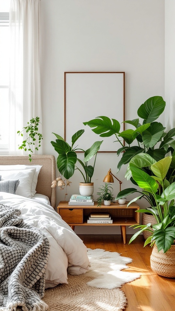 A bright coastal bedroom featuring indoor plants and cozy bedding.
