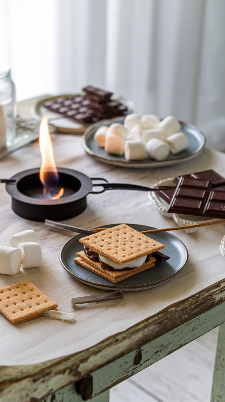 A cozy indoor setup for making s'mores with graham crackers, marshmallows, and chocolate.