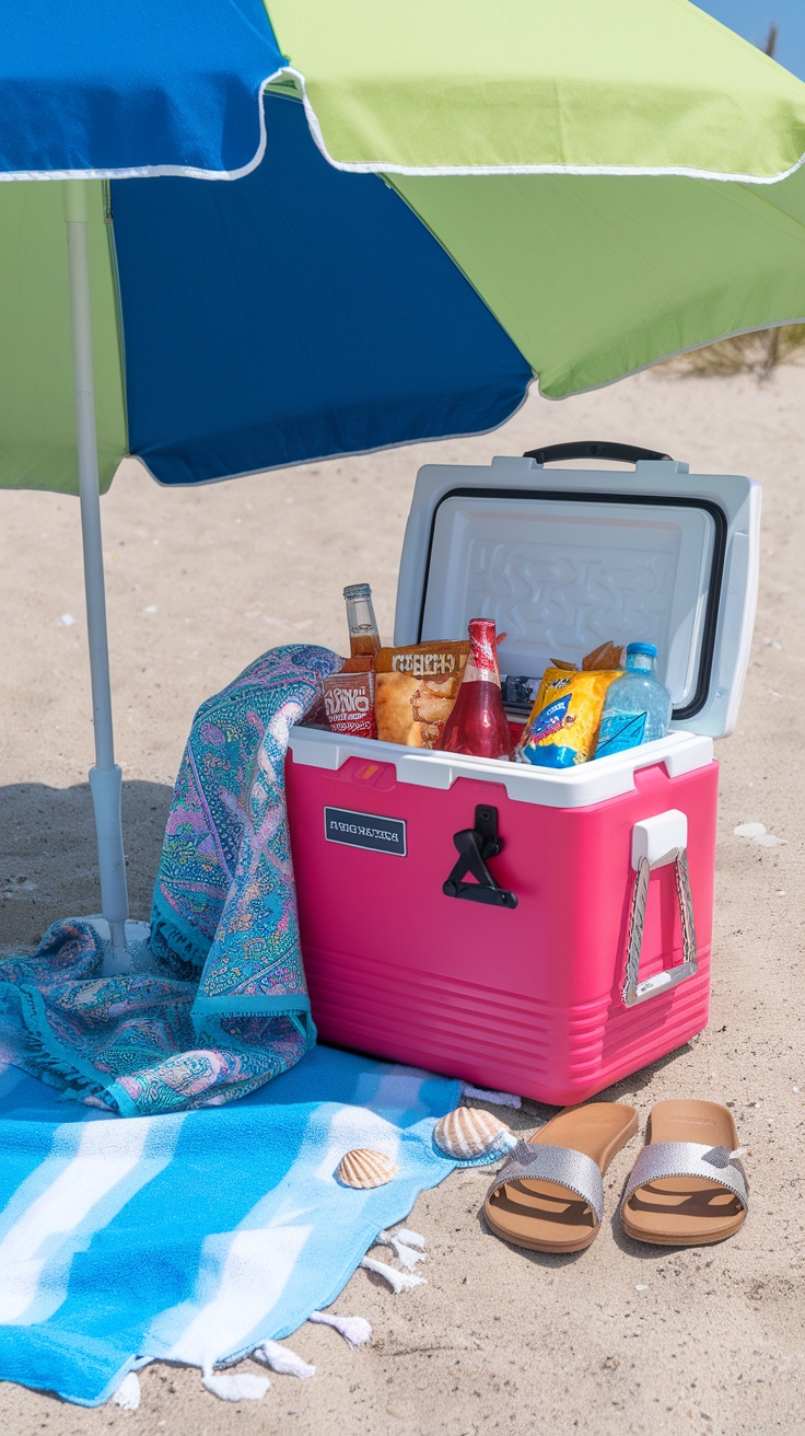 Pink insulated beach cooler on the sand with snacks and drinks inside, beside a beach towel and an umbrella.