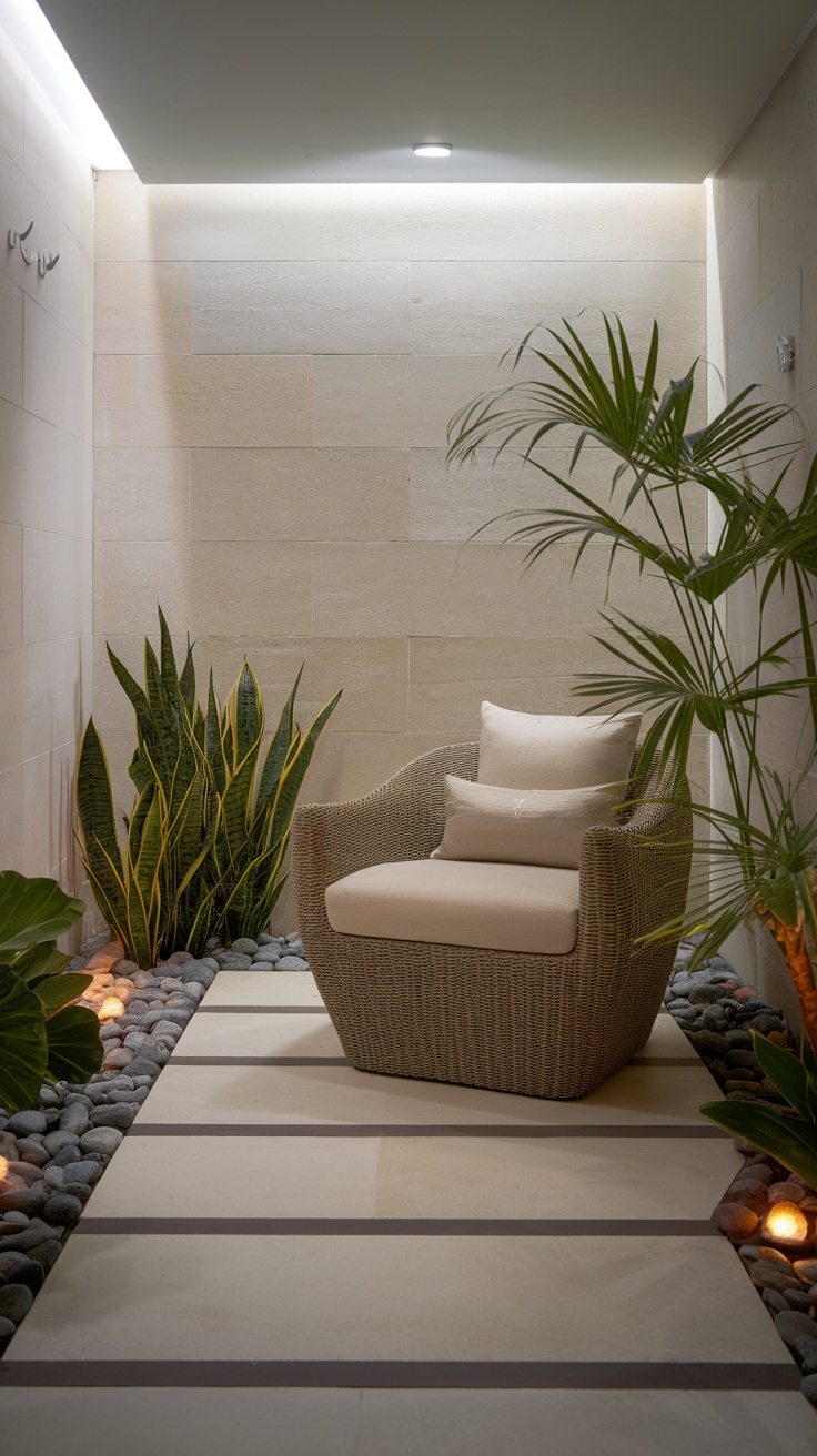 Cozy seating area in a spa bathroom with plants and stones